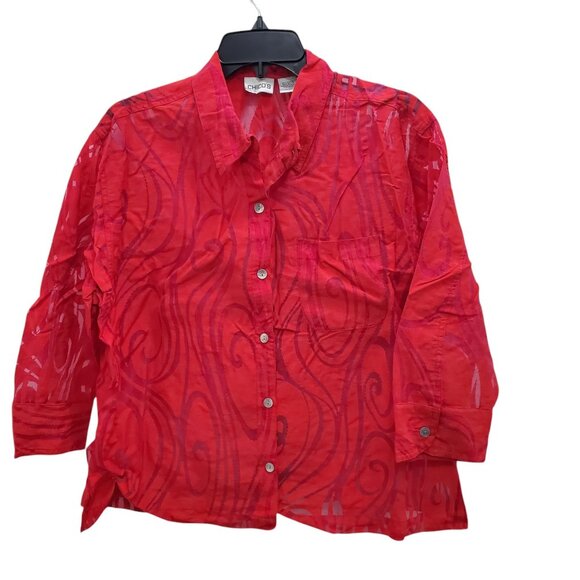 Chico's Women's Red Fuchsia Rayon Blend Sheer‎ Cut Out 3/4 Sleeve Button Up Sz 2 - Picture 1 of 6